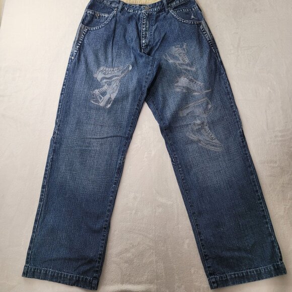 Air Jordan Other - VTG Y2K Air Jordan Men's Baggy Blue Denim Jean With Sneaker Graphics Size 34x34